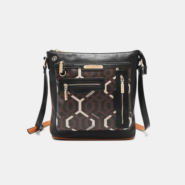 Vegan Leather Geometric Pattern Crossbody Bag with Multi-Zip Compartments