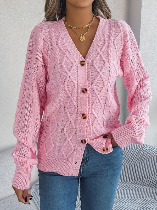 Cable-Knit Long Sleeve Cardigan 100% Acrylic Buttoned Slightly Stretchy