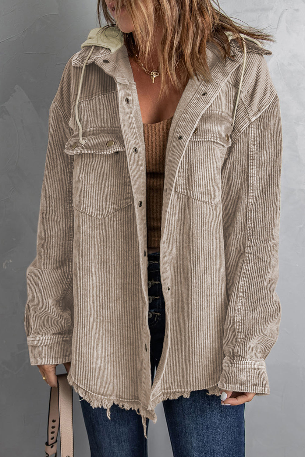 Drawstring Pockets Corduroy Shacket Relaxed Vibe Hooded Cardigan