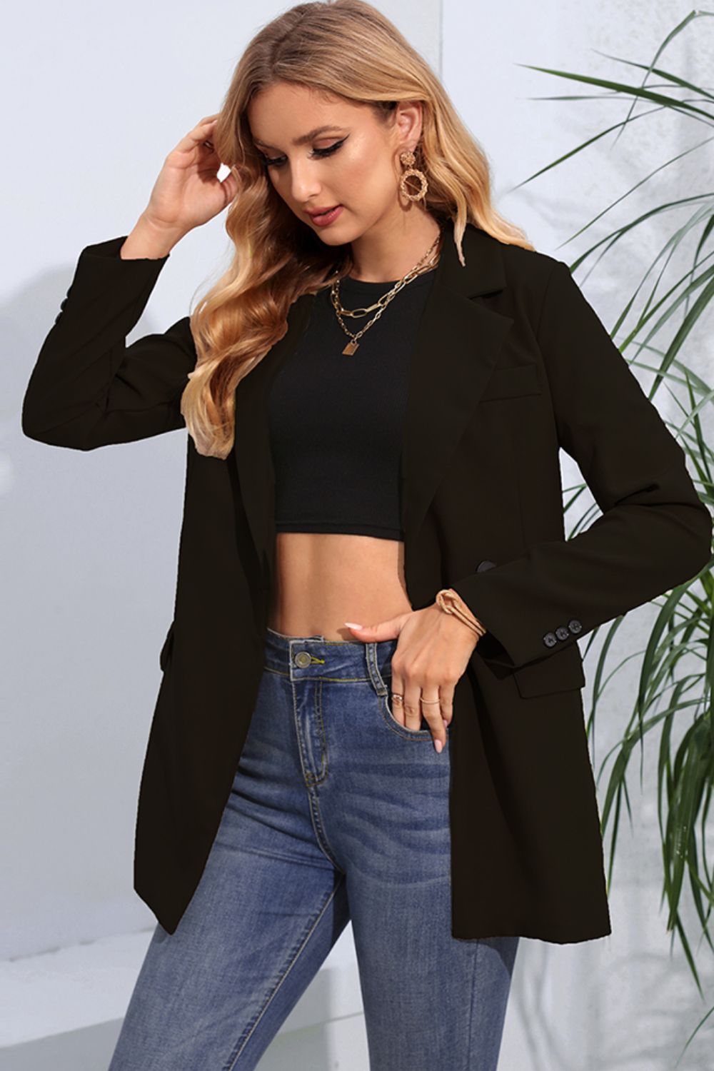 Women's Long Sleeve Blazer Lapel Neck Buttoned Office Style Cardigan