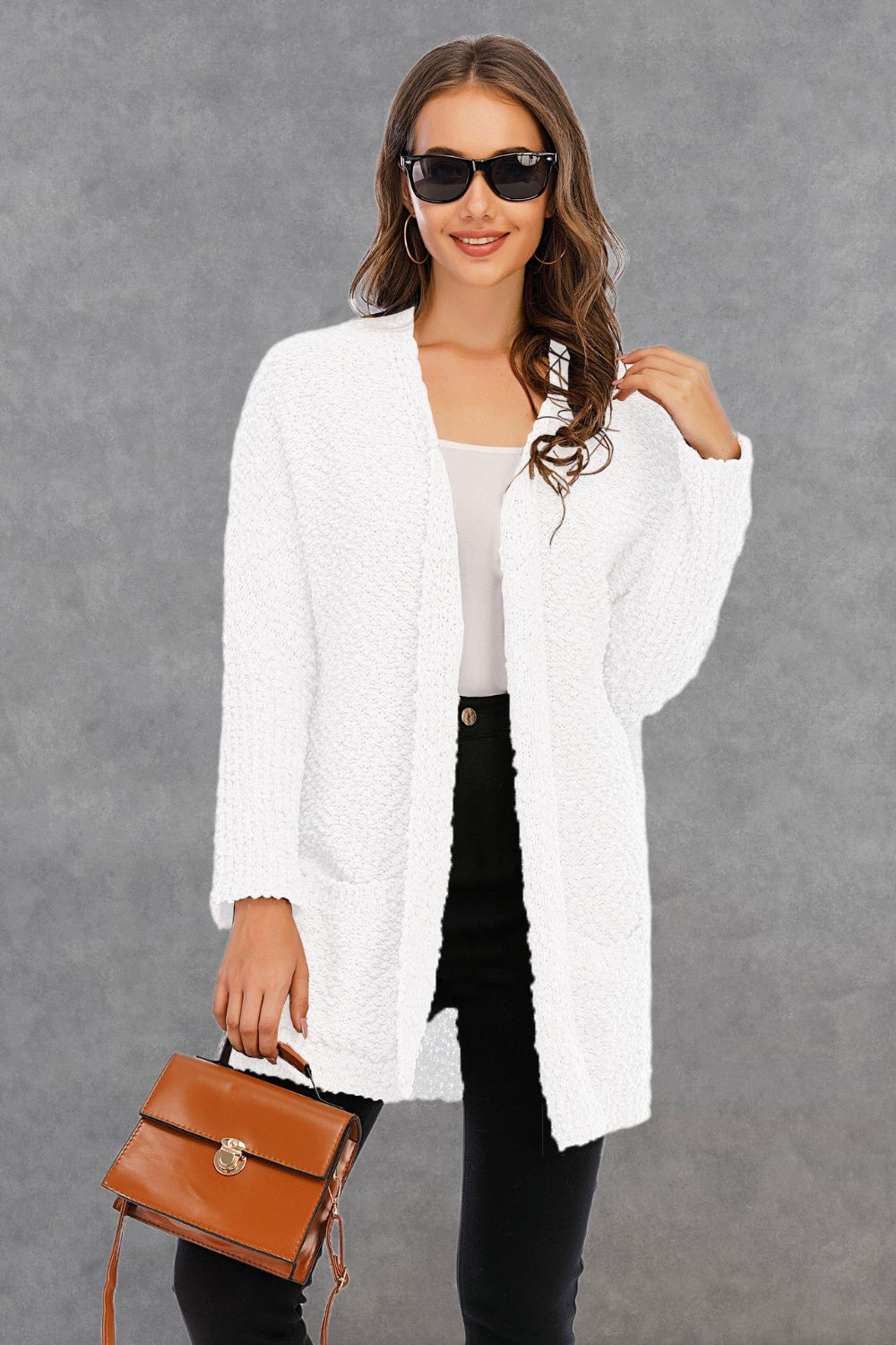 Angel Wings Pocketed Open Front Cardigan, Women's 100% Polyester, Relaxed Fit