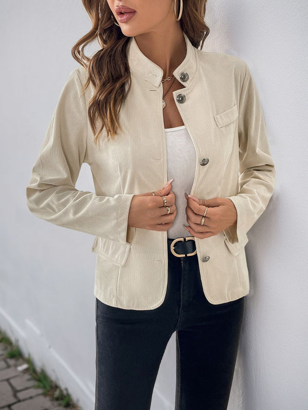 Polyester Buttoned Mock Neck Jacket with Breathable Medium-Weight Fabric