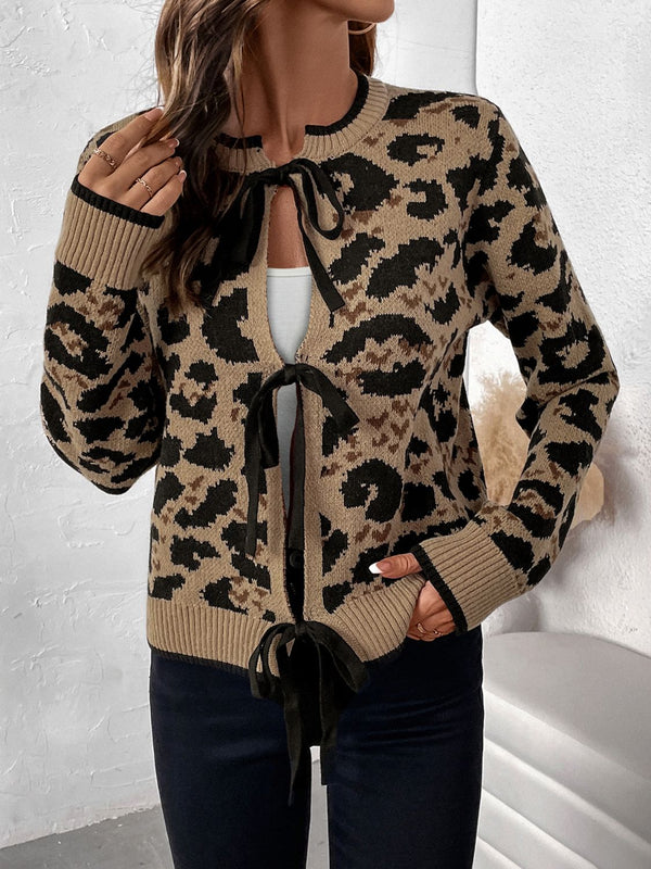 Leopard Print Long Sleeve Cardigan with Tied Closure and Stretch