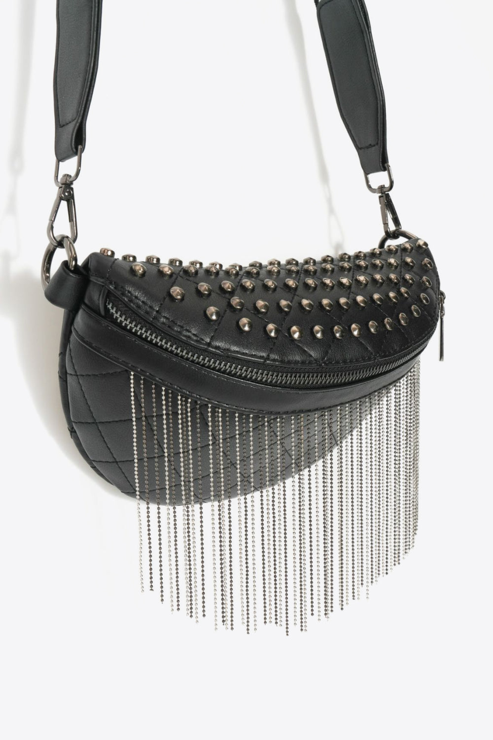 Adored Vegan Leather Studded Sling Bag with Fringes - Edgy Elegance for the Free Spirit!