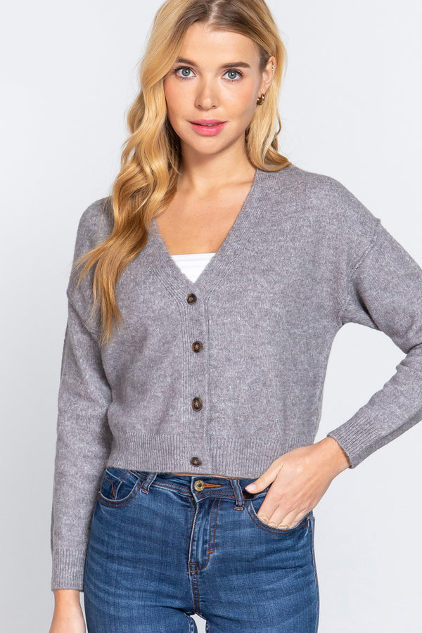 Acrylic Blend V-Neck Button Up Stretch Knit Long Sleeve Cardigan