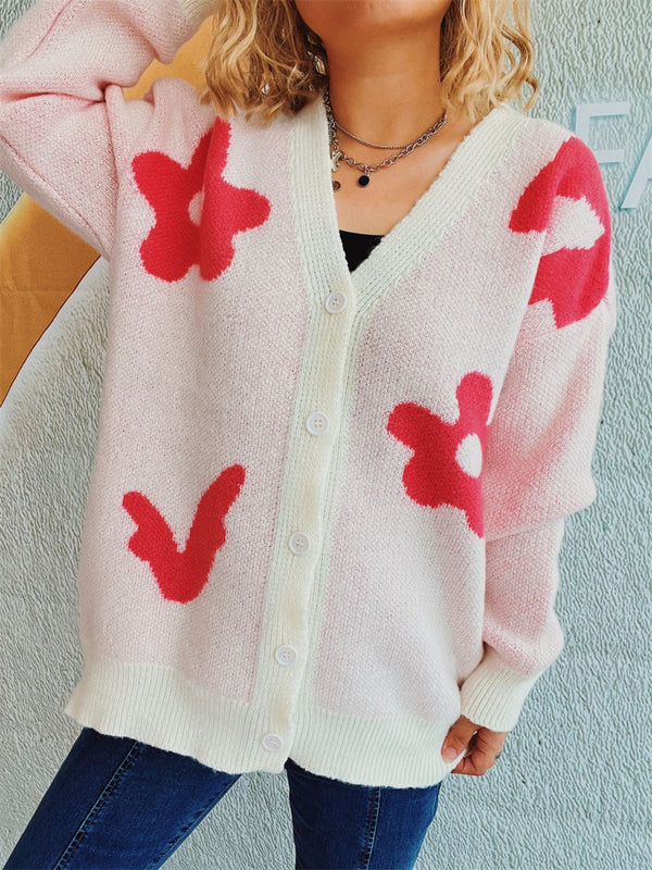 Flower Button Down V-Neck Long Sleeve Cardigan with Moderate Stretch