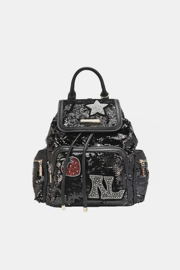 Vegan Leather Sequin Patch Small Backpack with Multiple Zip Pockets