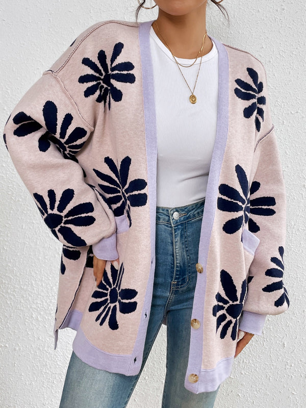 Contrast Long Sleeve Cardigan with Buttoned Pockets and Moderate Stretch