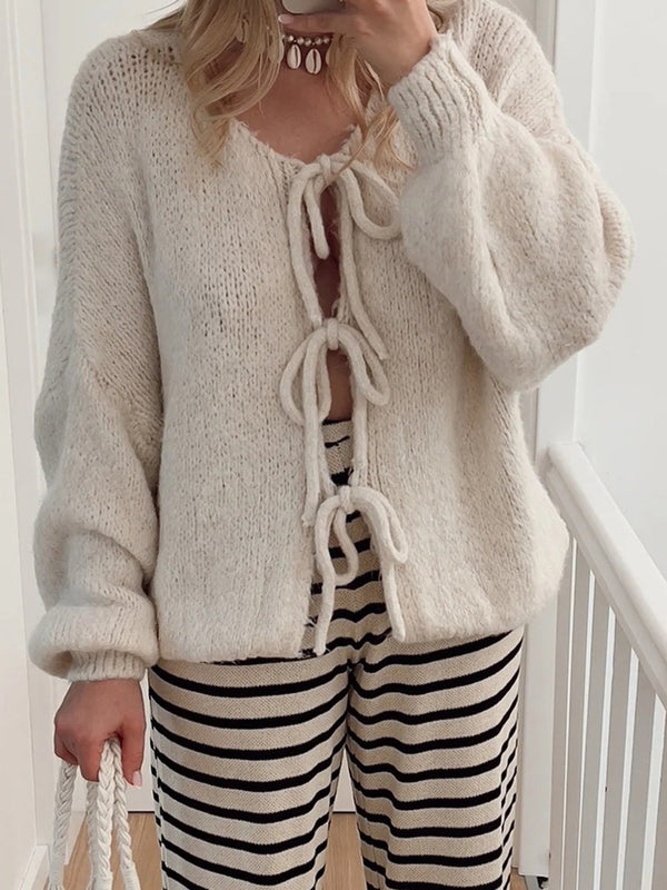 Tied Long Sleeve Cardigan with Dropped Shoulders and Stretchy Fabric