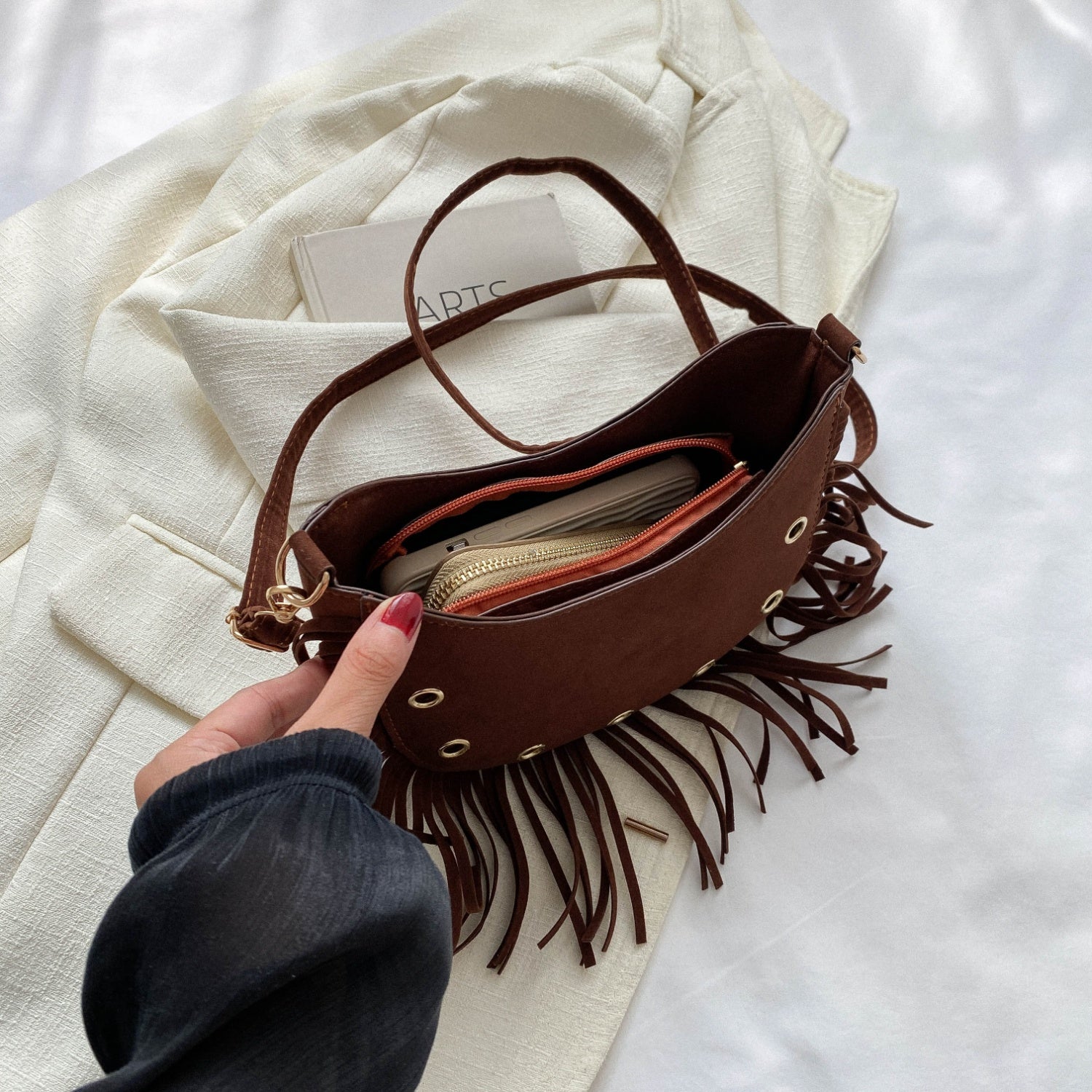 Fringe Detail Suede Leather Crossbody Bag - Add a touch of western flair!