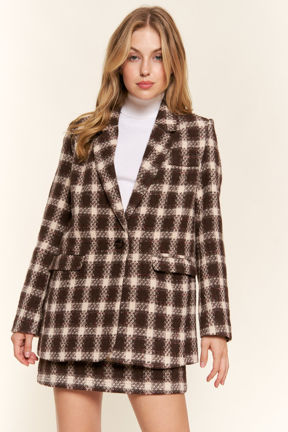 Women's Full Size Plaid Brushed One Button Blazer NewArrival