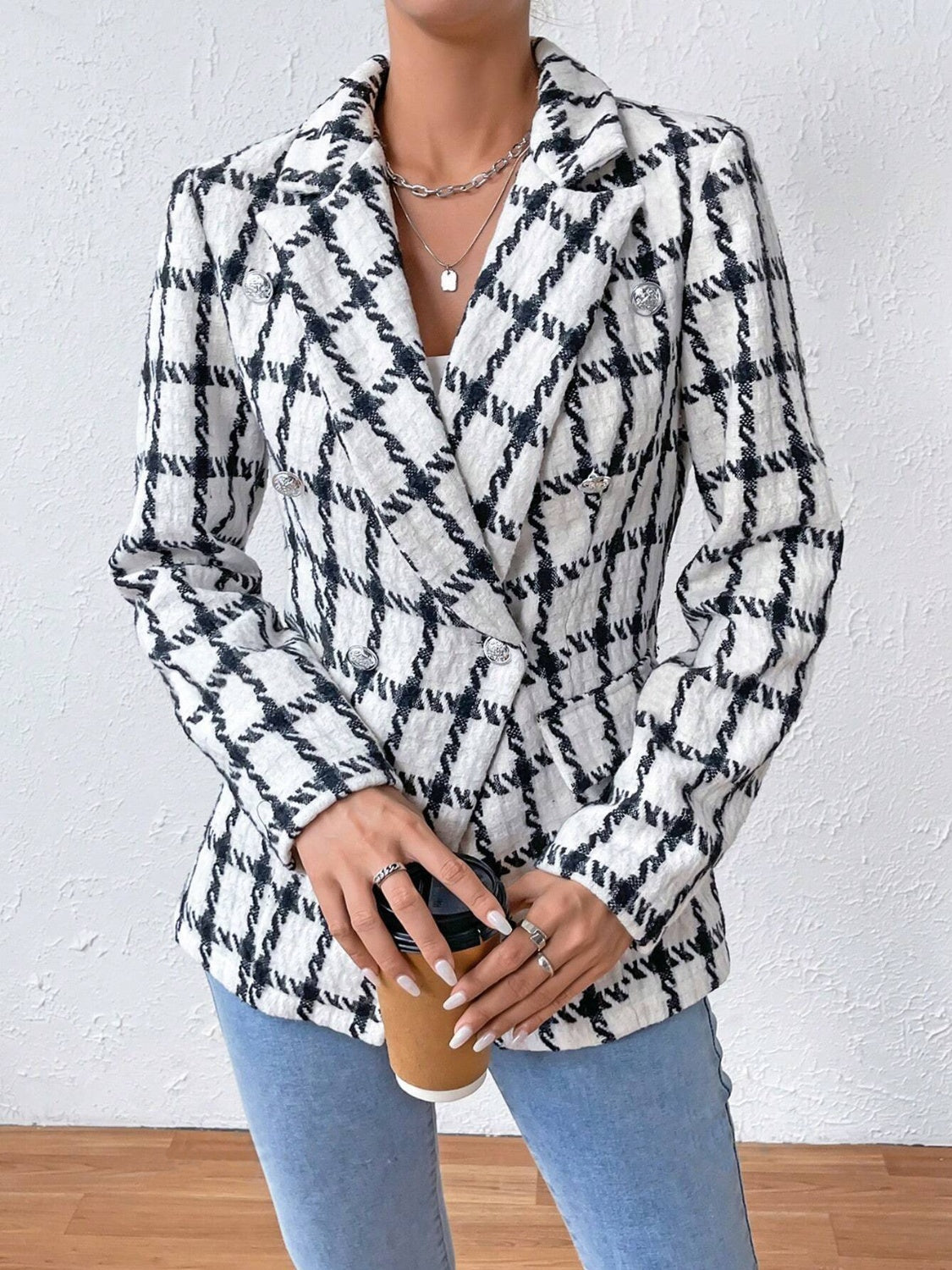 Lapel Collar Long Sleeve Blazer with Pockets Women's Buttoned, Polyester, S-XL