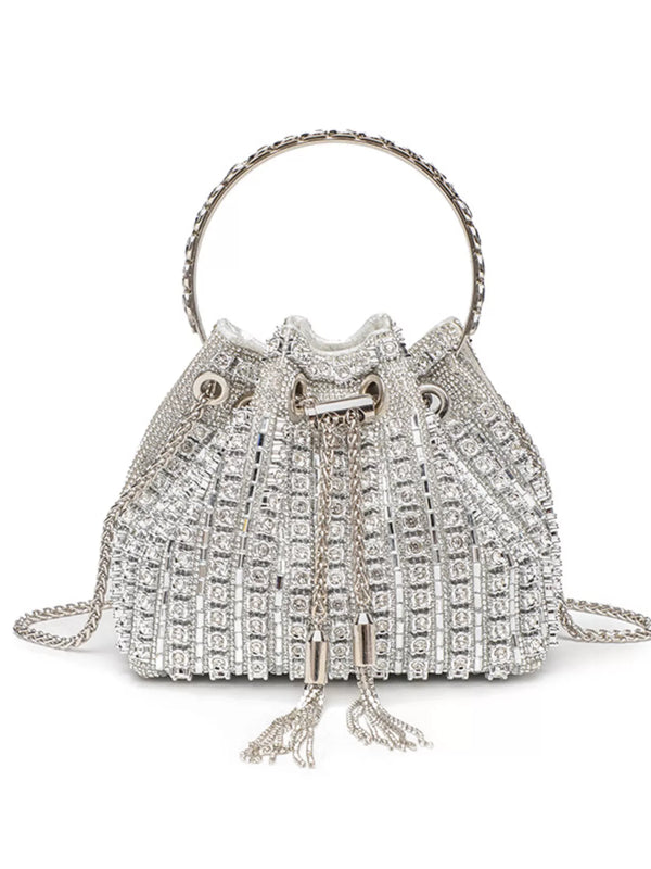 Silver crystal-embellished mini bucket bag with braided chain strap and drawstring closure