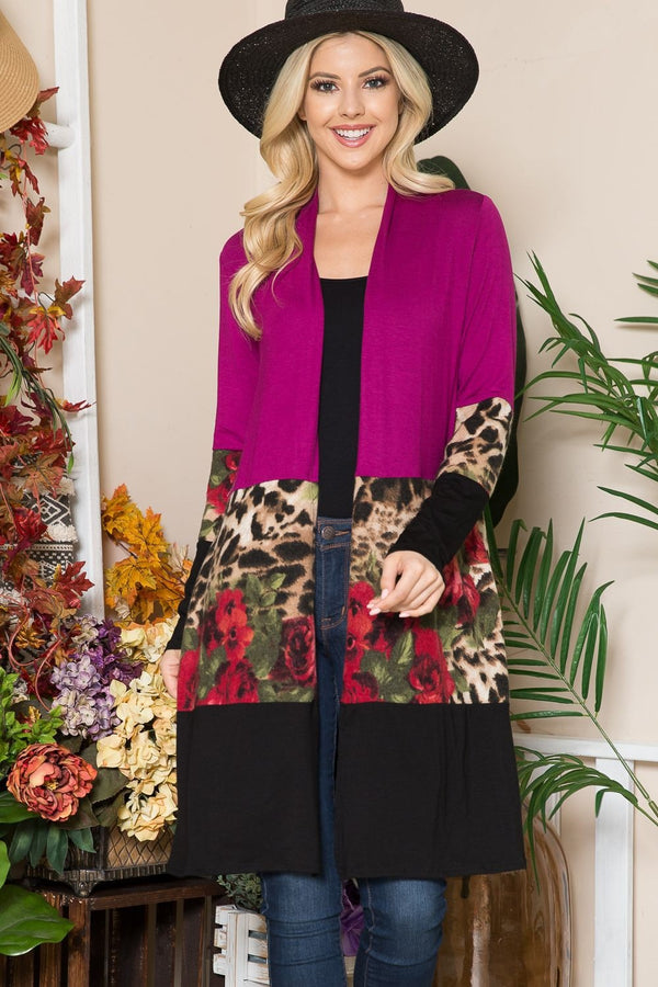 Color Block Open Front Cardigan with Pockets and Slight Stretch