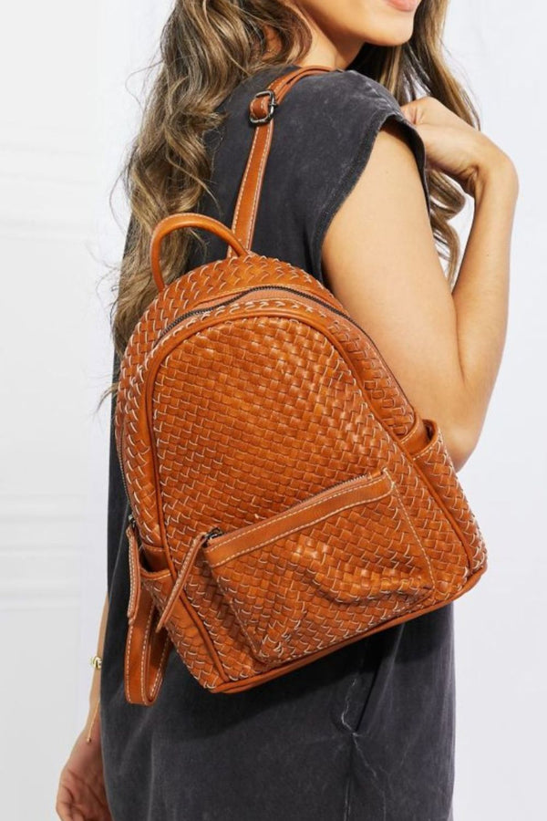 Vegan Leather Woven Backpack with Adjustable Straps and Multiple Pockets