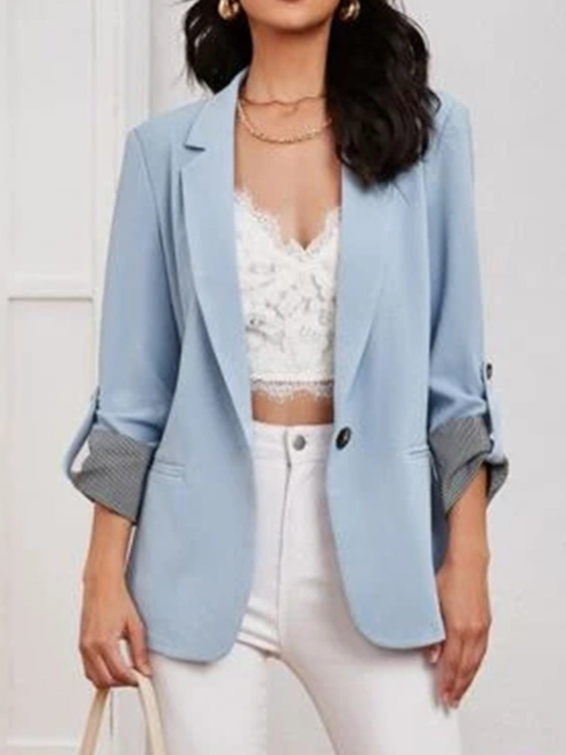 Lapel Collar Roll-Tab Sleeve Blazer Women's Comfortable Polyester-Spandex, S-XL