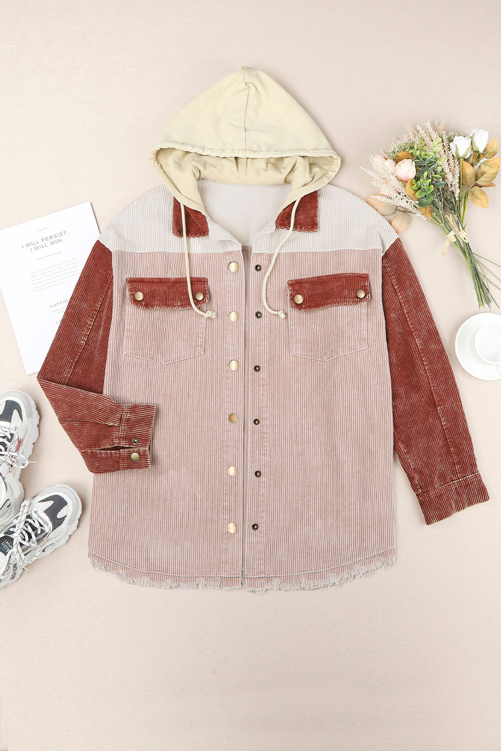 Drawstring Pockets Corduroy Shacket Relaxed Vibe Hooded Cardigan