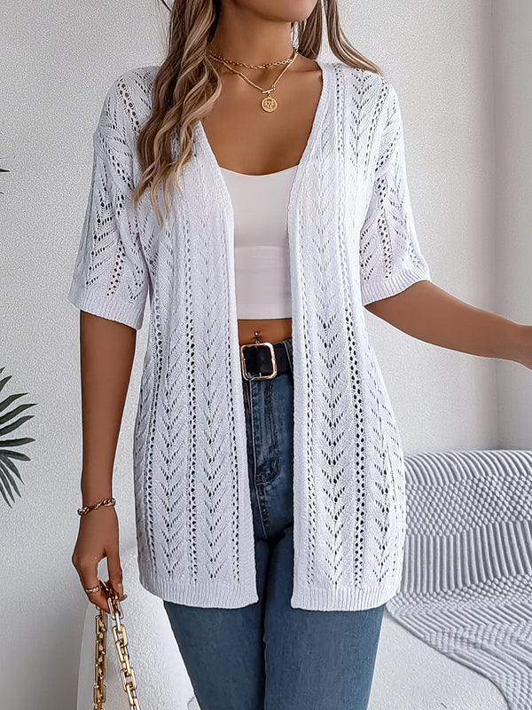 Stretchy Acrylic Openwork Open Front Half Sleeve Cardigan for Women