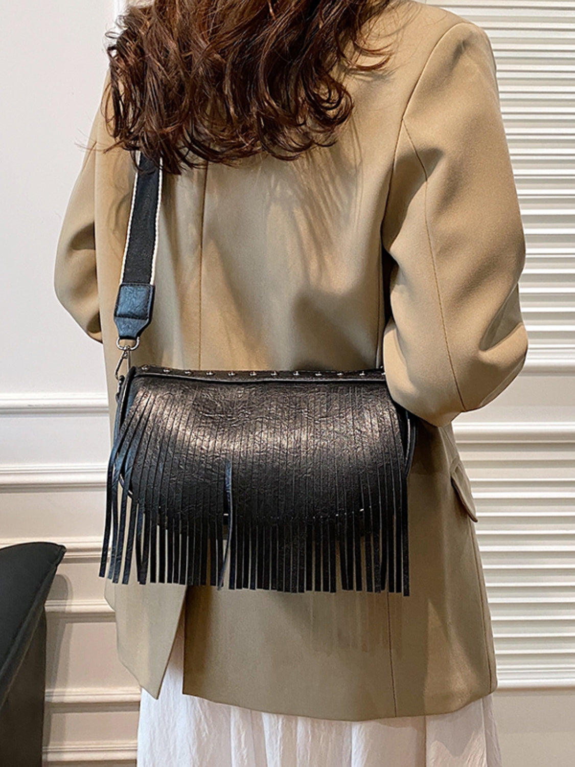 Vegan Leather Fringe Studded Crossbody Bag - Turn heads with this chic bag!