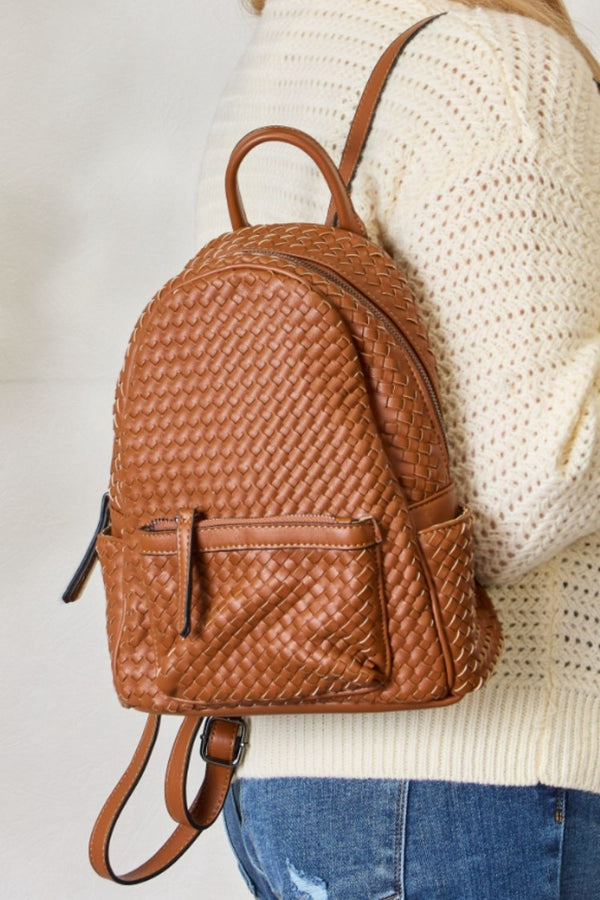 Vegan Leather Woven Backpack with Spacious Interior and Hands-Free Design