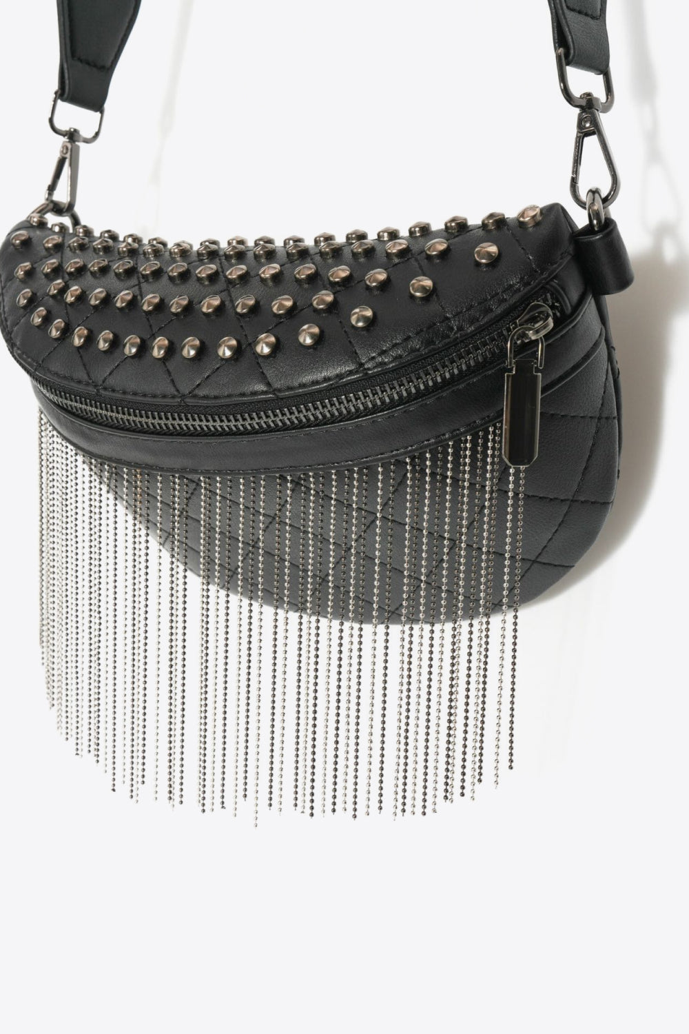 Adored Vegan Leather Studded Sling Bag with Fringes - Edgy Elegance for the Free Spirit!