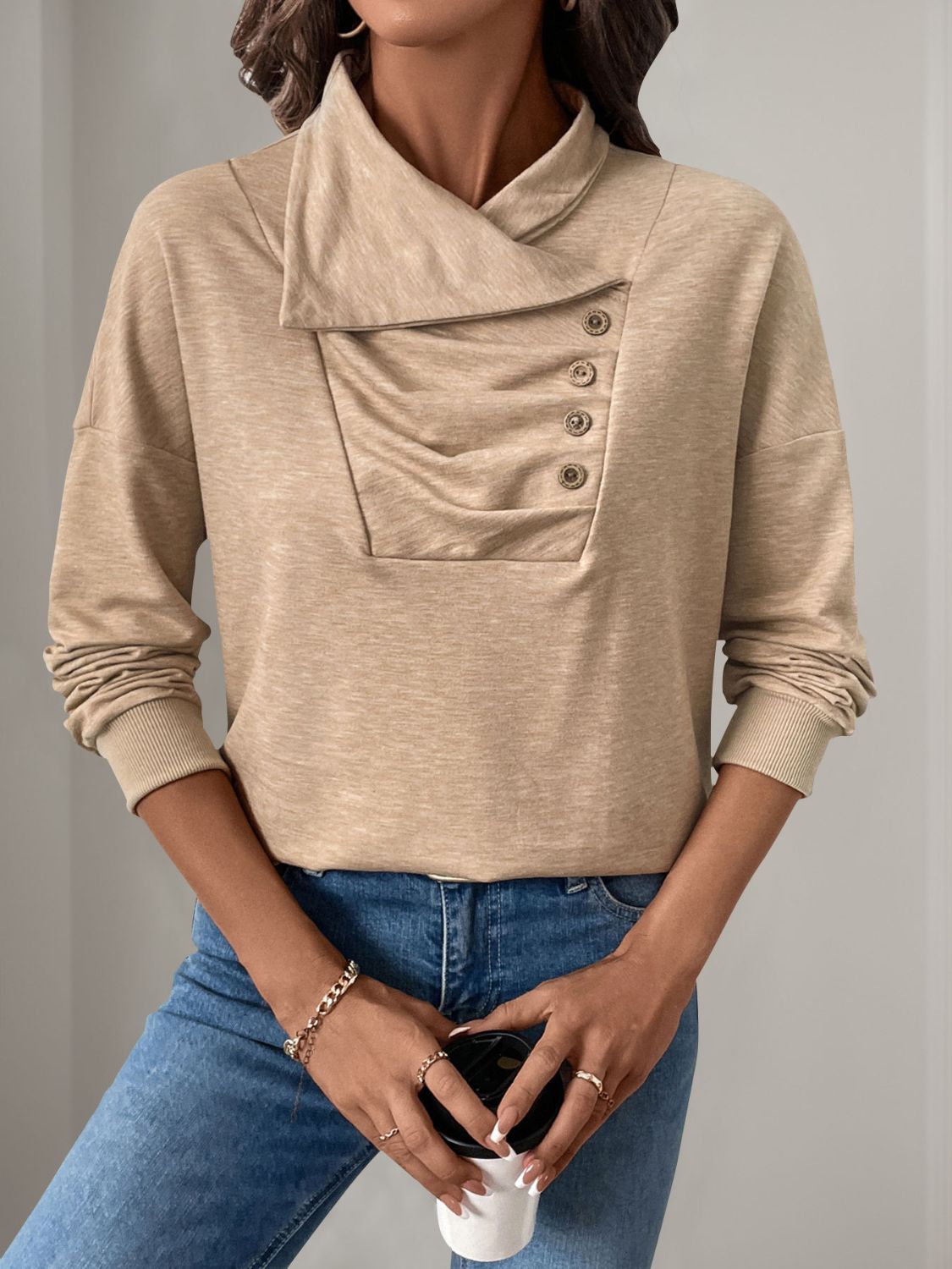 Asymmetrical Button-Down Blouse - Stretchy Polyester Versatile Sophisticated Fit