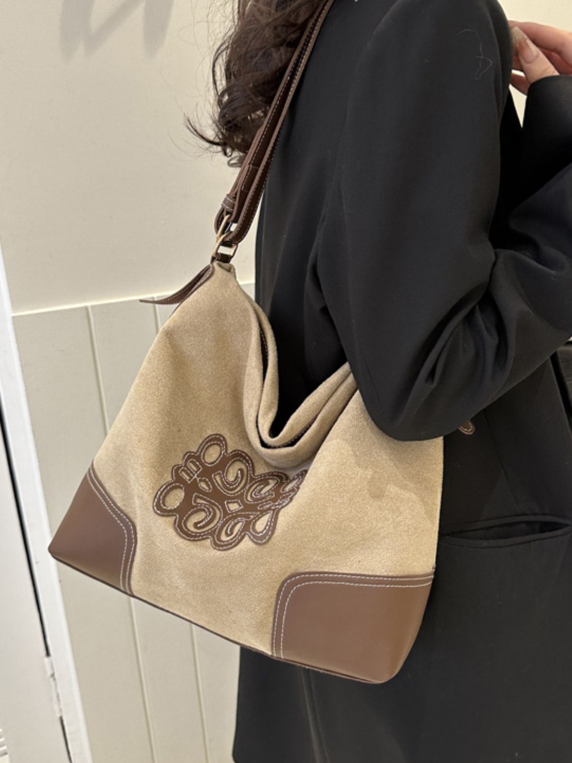 Suede Patch Adjustable Strap Vegan Leather Tote Bag - Comfort for Heavier Carry!