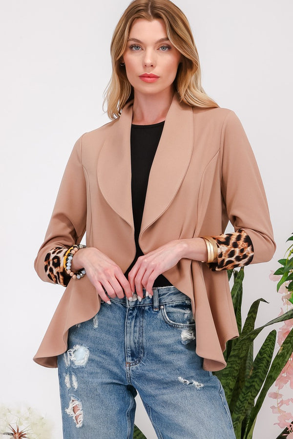 Women's Rolled Leopard Cuff Open Front Blazer Jacket Cardigan Coat