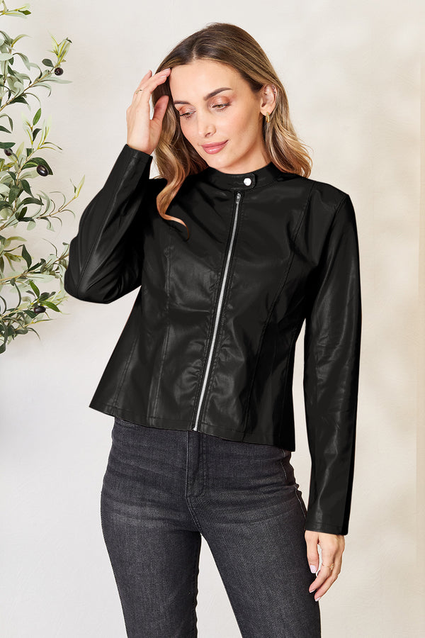 Mock Neck Zip Up Jacket with Functional Zipper and Stretch Fabric