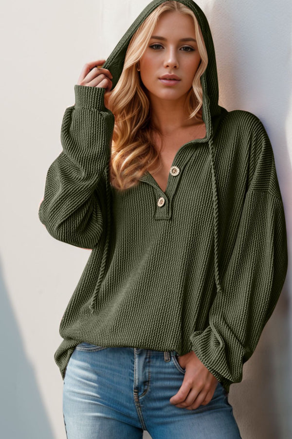 Cotton Blend Buttoned Long Sleeve Hoodie with Drawstring Opaque Fabric