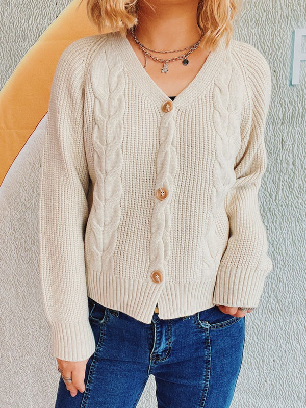 Cable-Knit Cardigan with V-Neck, Long Sleeves and Moderate Stretch