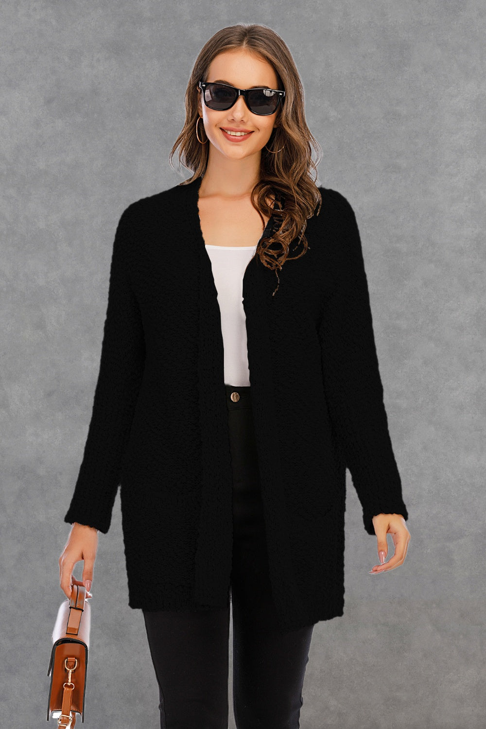 Angel Wings Pocketed Open Front Cardigan, Women's 100% Polyester, Relaxed Fit