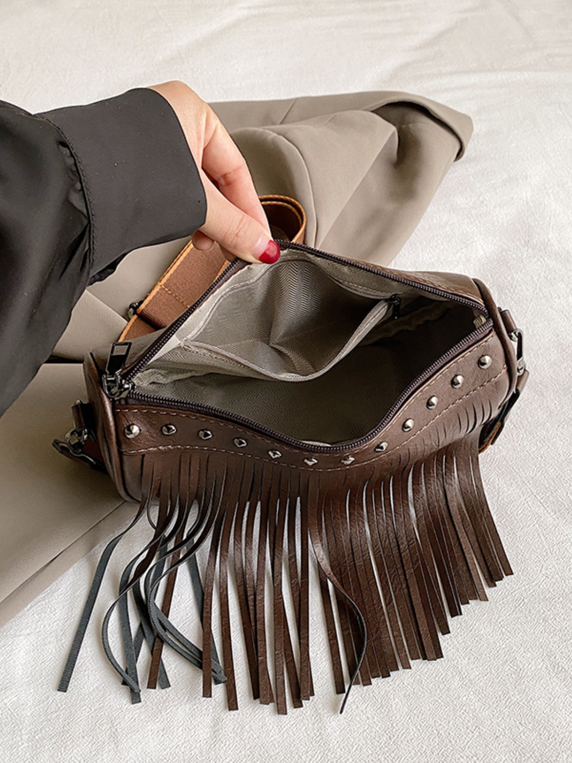 Vegan Leather Fringe Studded Crossbody Bag - Turn heads with this chic bag!