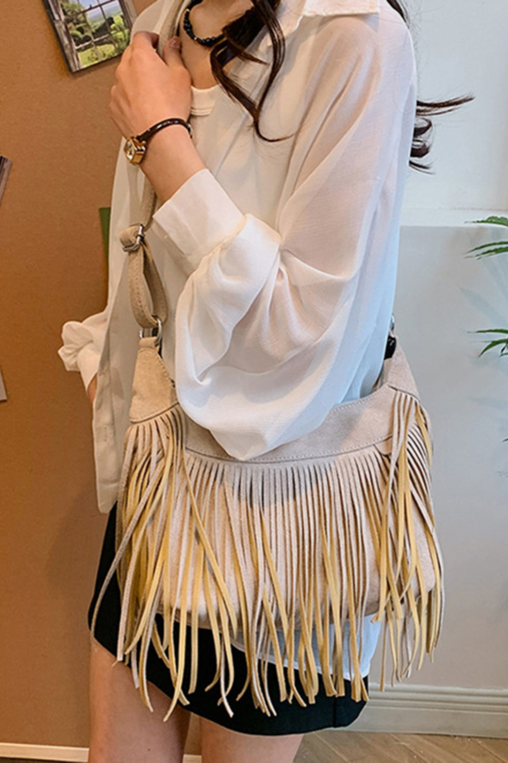 Suede Fringe Adjustable Strap Shoulder Bag - Bohemian Chic Flavor!