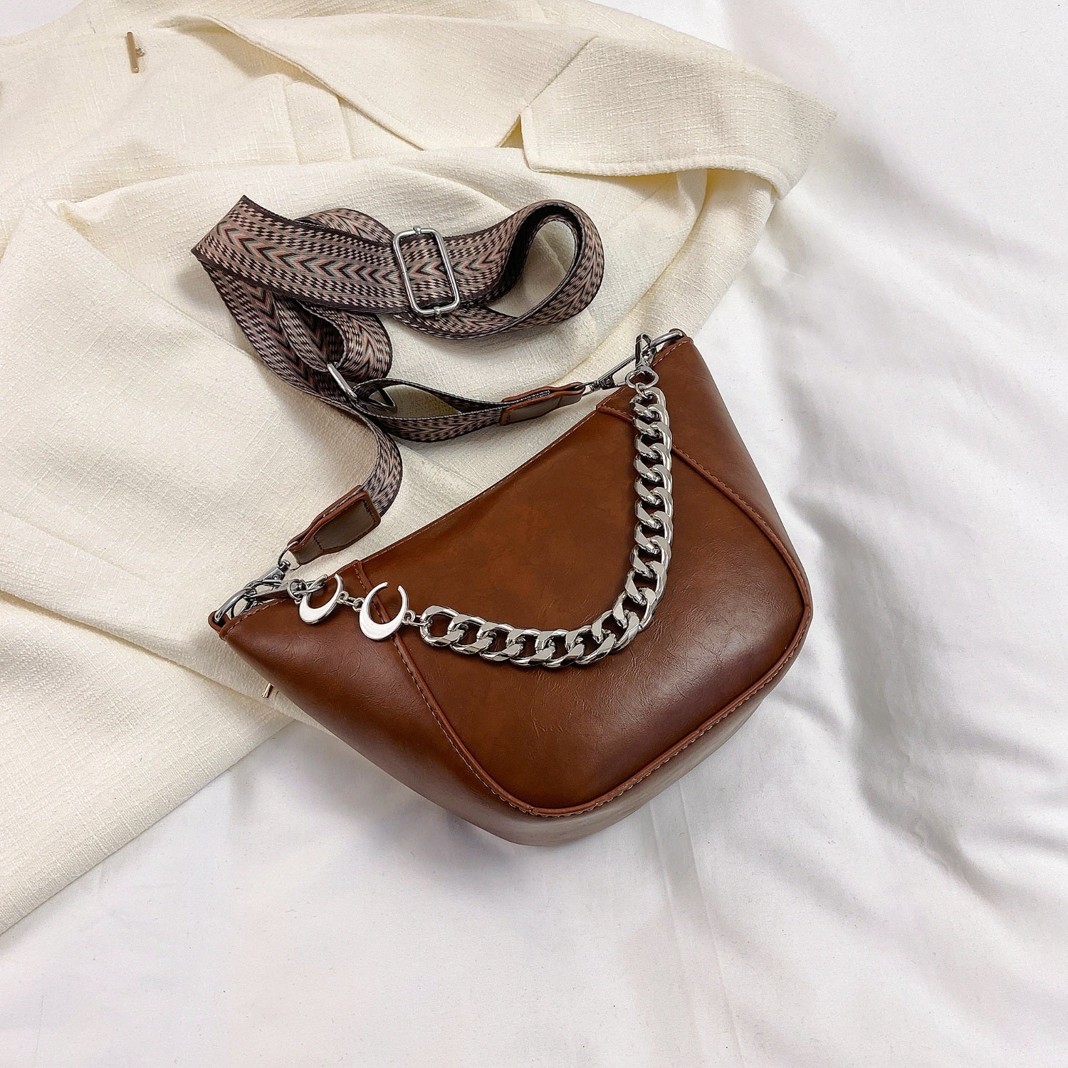 Vegan Leather Chain Trim Crossbody Bag - For those Casual Outings!