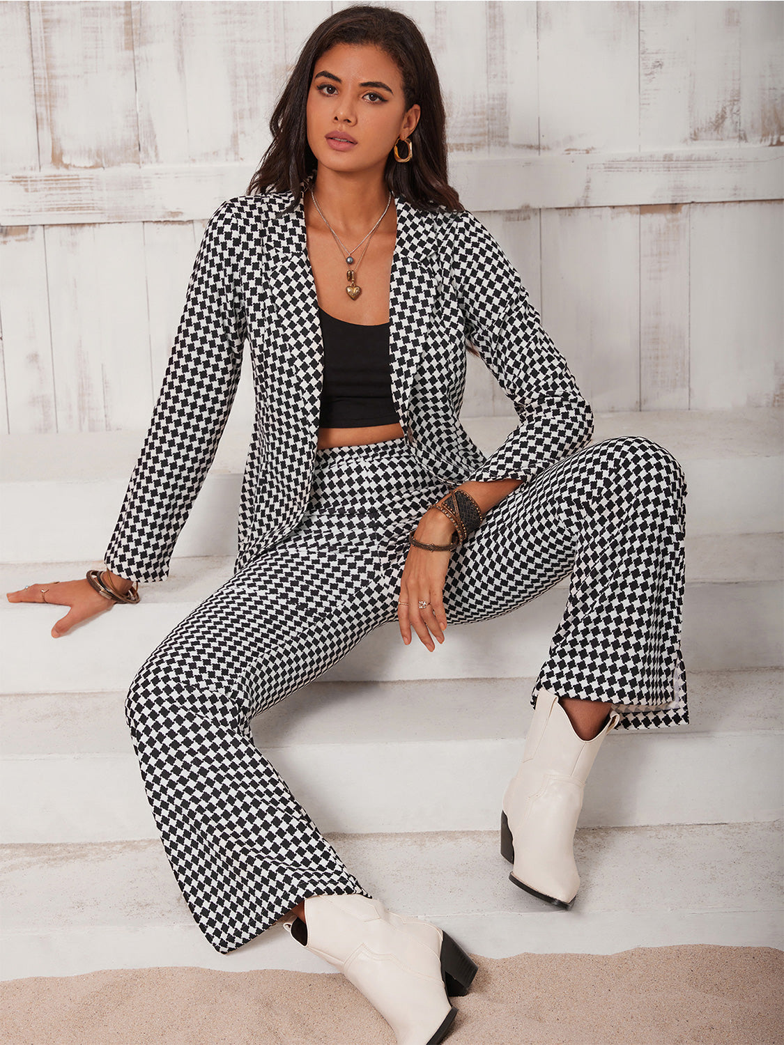 Women's Checkered Blazer & Slit Pants Set Suit Jacket & Trousers