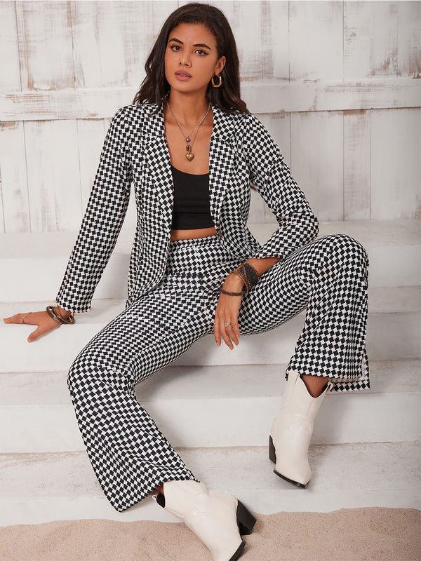 Women Checkered Blazer Slit Pants Set Suit Jacket Trousers Outfit