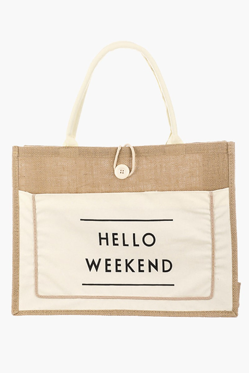 Fame Hello Weekend Burlap Tote Bag - Versatile and practical!