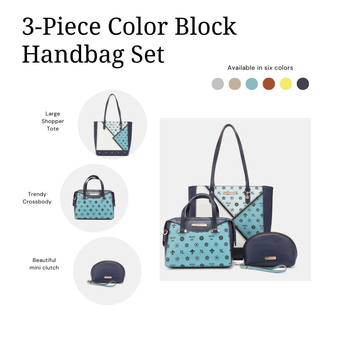 Nicole Lee USA 3-Piece Handbag Set with Color Block Shopper Crossbody