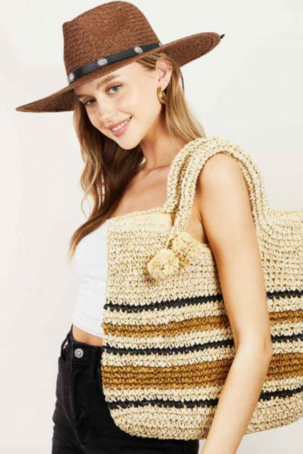 Fame Striped Straw Braided Tote Bag - Spacious Functionality