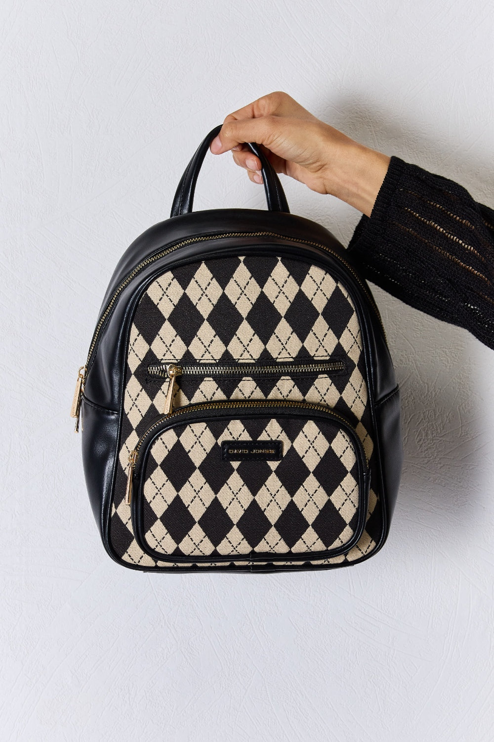 David Jones Argyle Pattern Vegan Leather Backpack - Bold Style Meets Eco-Conscious Design!