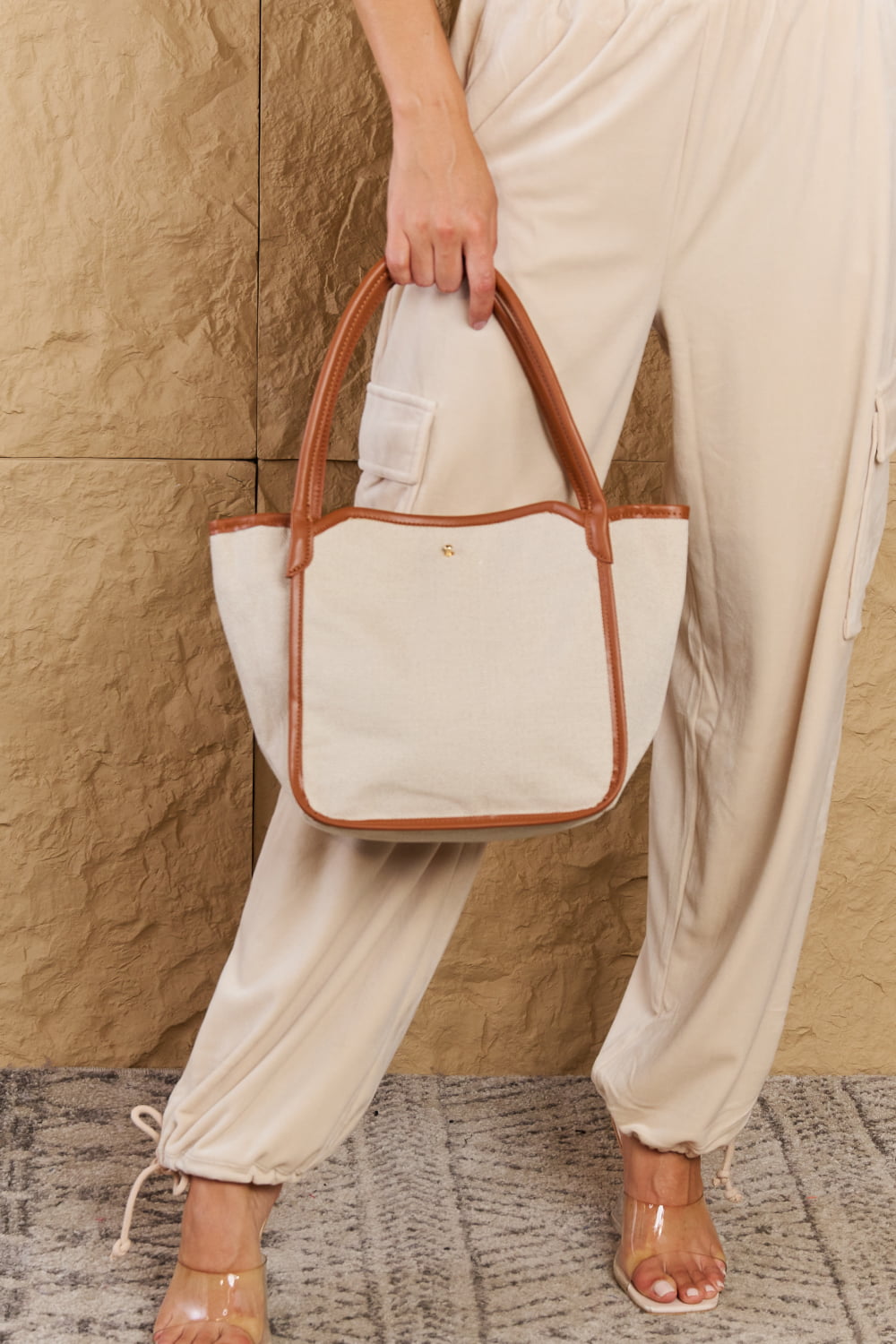 Fame Beach Chic Faux Leather Trim Tote Bag in Ochre - Style that lasts!