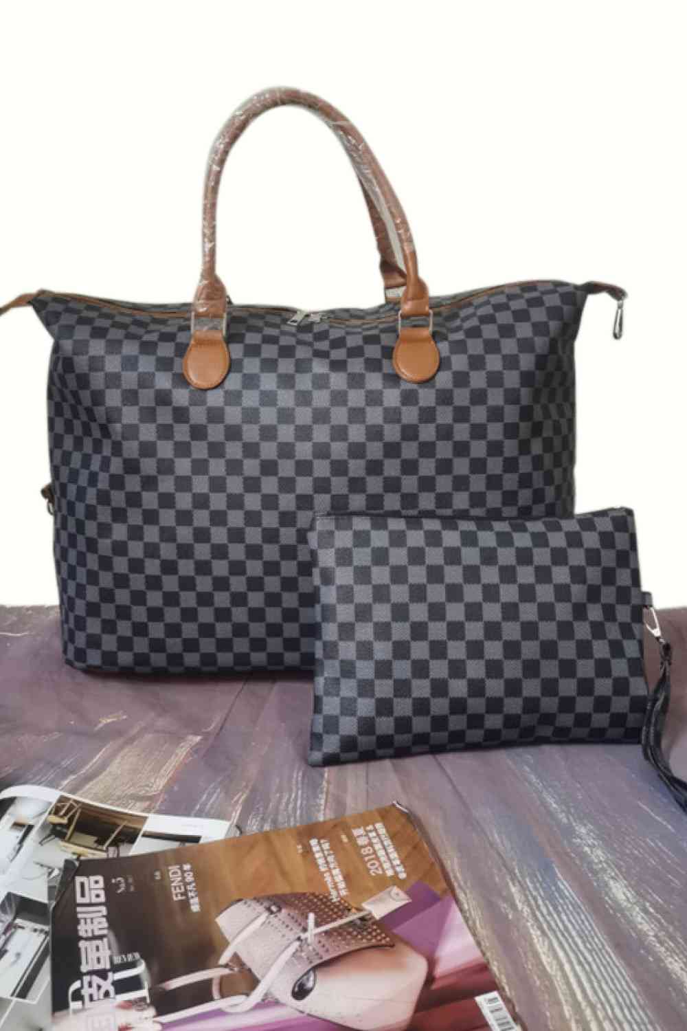 Checkered Two-Piece Tote Bag Set - Professional Polish with Playful Versatility