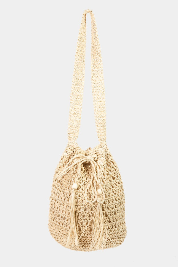 Braided Straw Tote Bag with Drawstring Closure and Tassel Detail