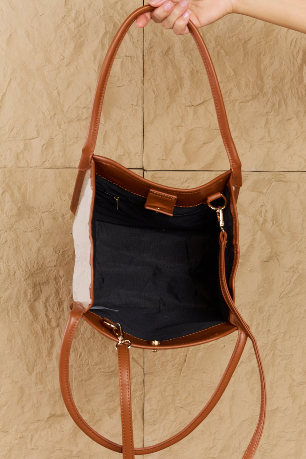 Fame Beach Chic Faux Leather Trim Tote Bag in Ochre - Style that lasts!