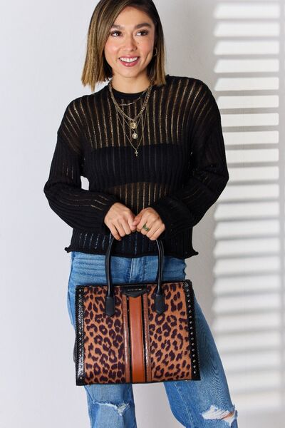 David Jones Leopard Contrast Rivet Vegan Leather Handbag - Unleash Your Wild Side with Sustainable Style