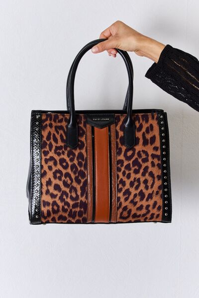 David Jones Leopard Contrast Rivet Vegan Leather Handbag - Unleash Your Wild Side with Sustainable Style