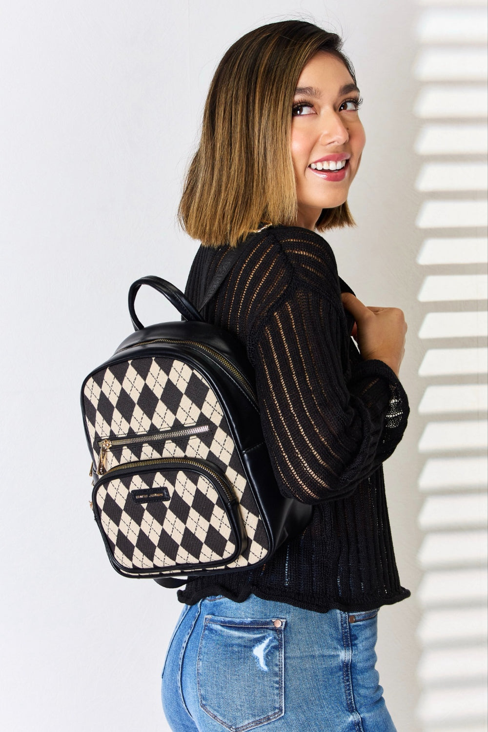 David Jones Argyle Pattern Vegan Leather Backpack - Bold Style Meets Eco-Conscious Design!