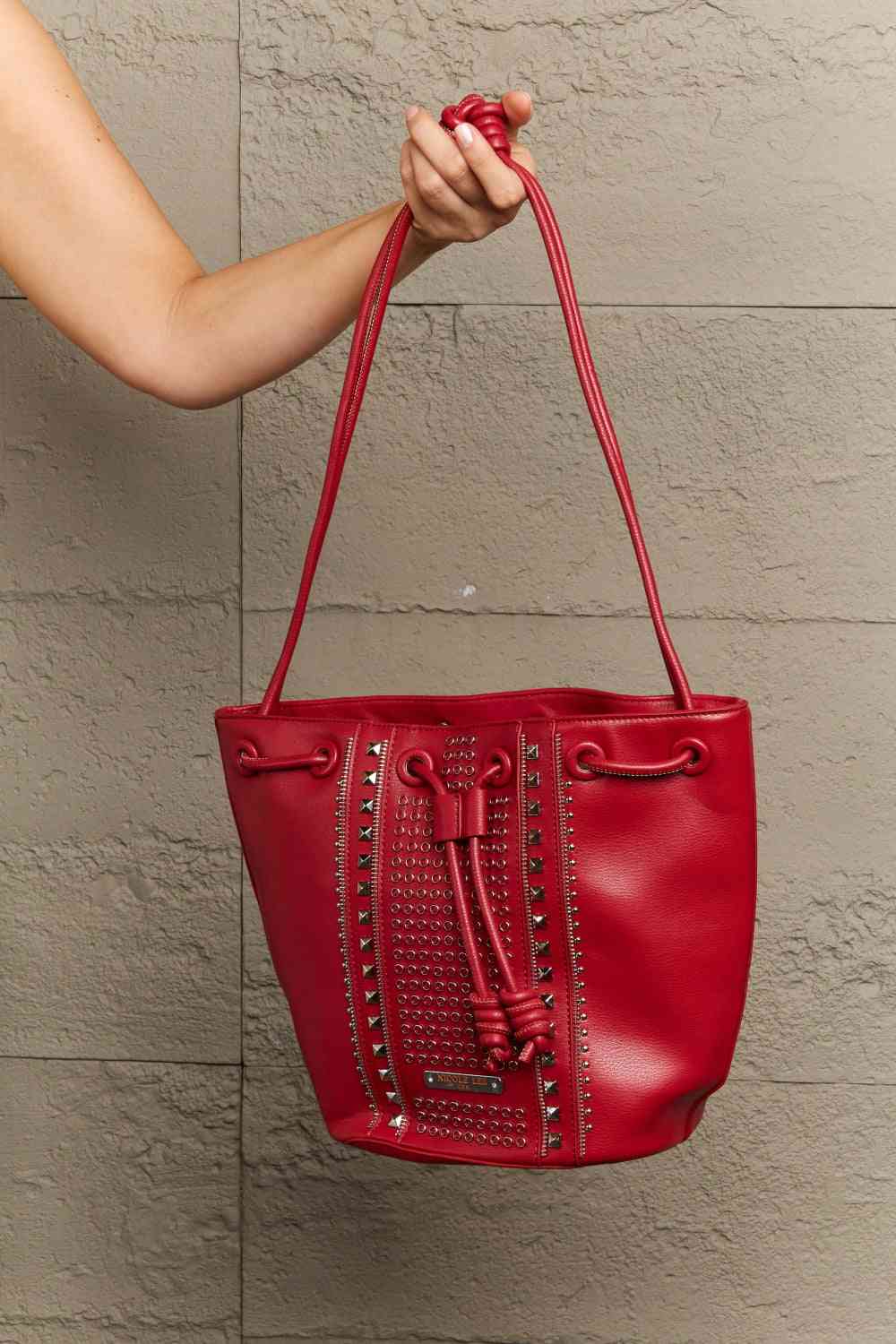 Nicole Lee USA Amy Stylish Leather Studded Bucket Tote Bag - Edgy Style with Effortless Charm!