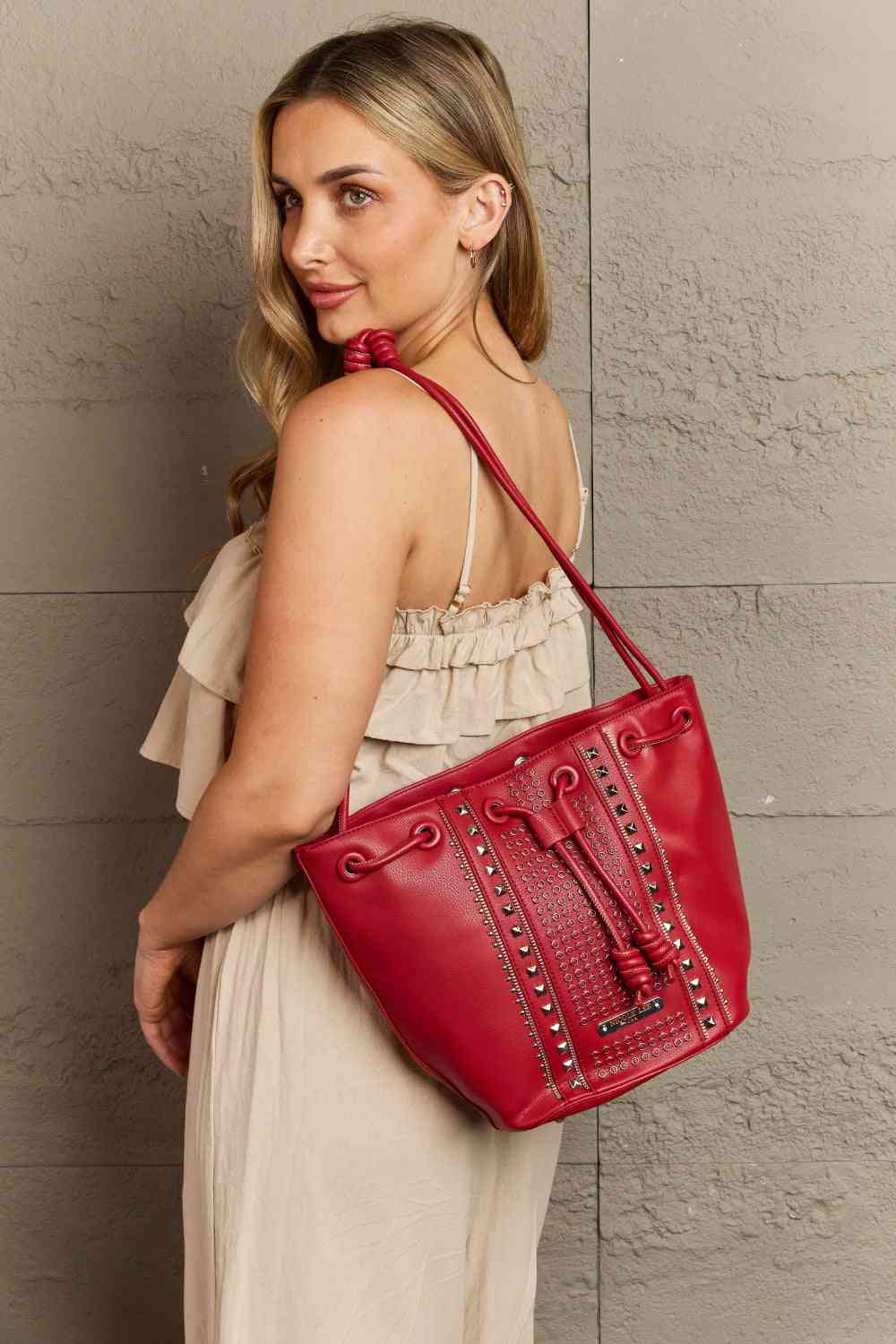 Nicole Lee USA Amy Stylish Leather Studded Bucket Tote Bag - Edgy Style with Effortless Charm!